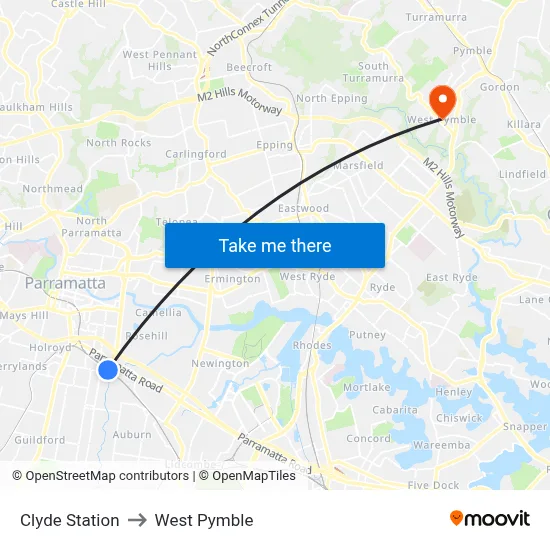 Clyde Station to West Pymble map