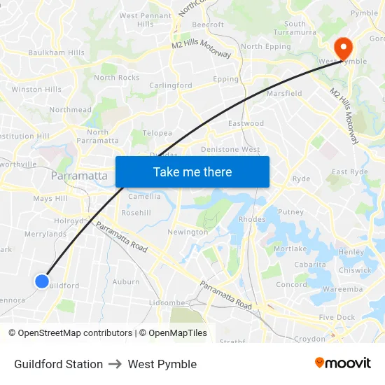 Guildford Station to West Pymble map