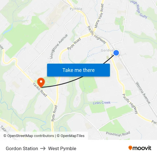 Gordon Station to West Pymble map