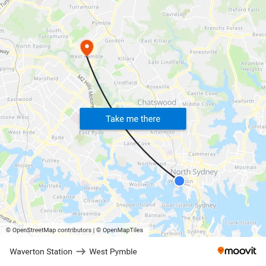 Waverton Station to West Pymble map