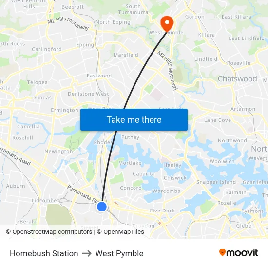 Homebush Station to West Pymble map