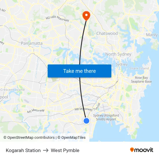 Kogarah Station to West Pymble map