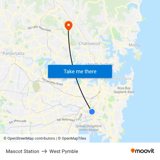 Mascot Station to West Pymble map