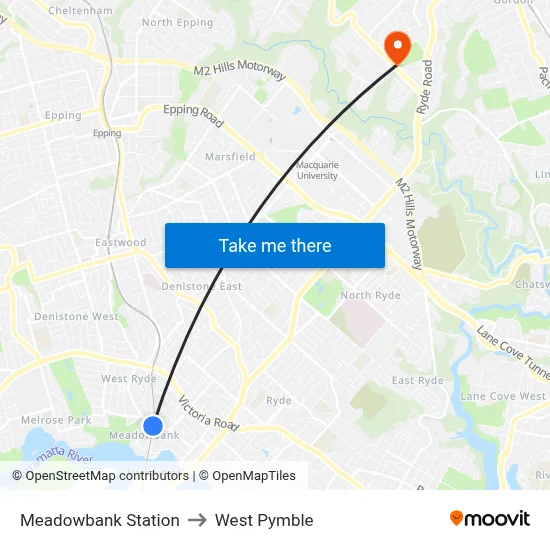 Meadowbank Station to West Pymble map