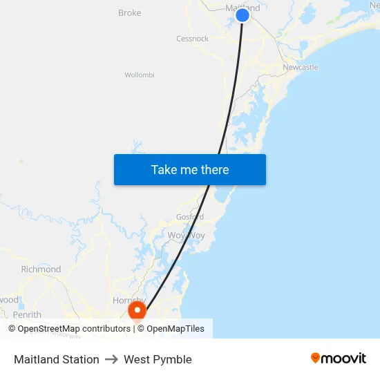 Maitland Station to West Pymble map