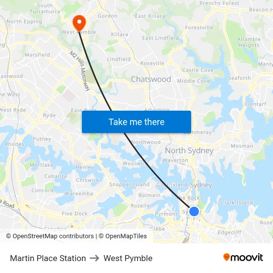 Martin Place Station to West Pymble map