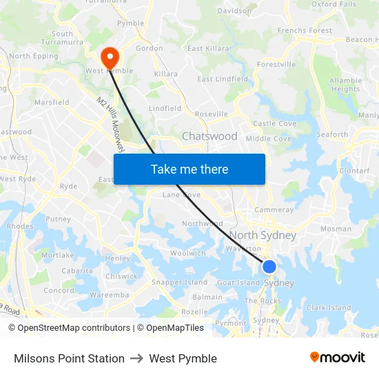 Milsons Point Station to West Pymble map