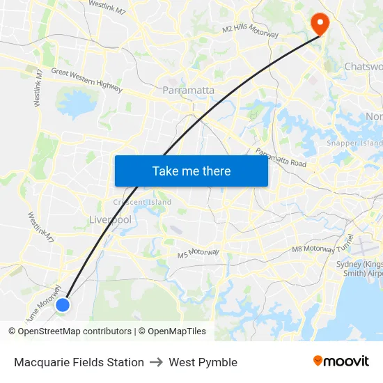 Macquarie Fields Station to West Pymble map