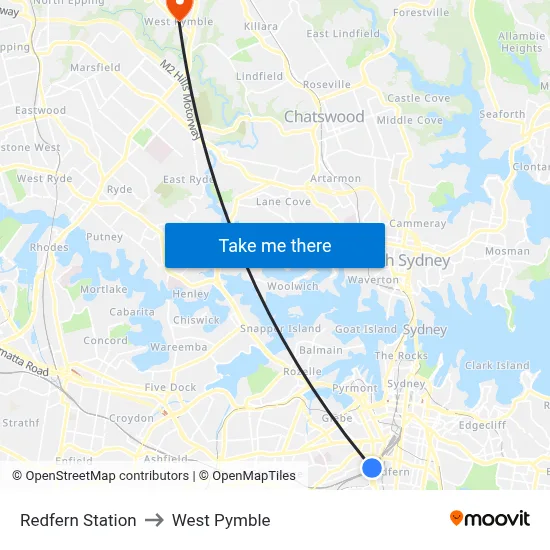 Redfern Station to West Pymble map