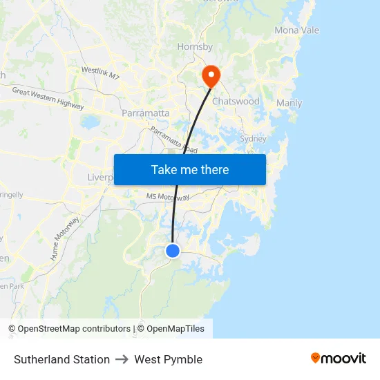 Sutherland Station to West Pymble map