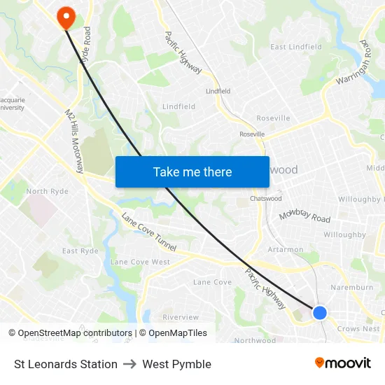 St Leonards Station to West Pymble map