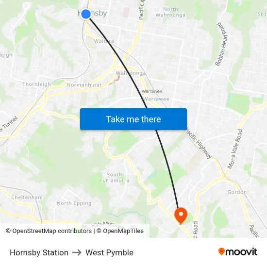 Hornsby Station to West Pymble map