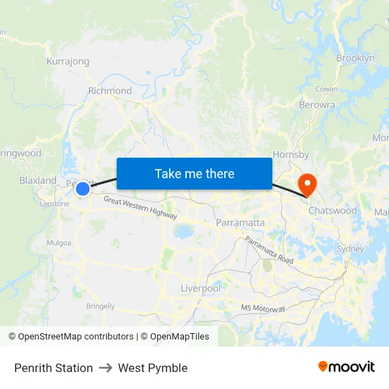 Penrith Station to West Pymble map