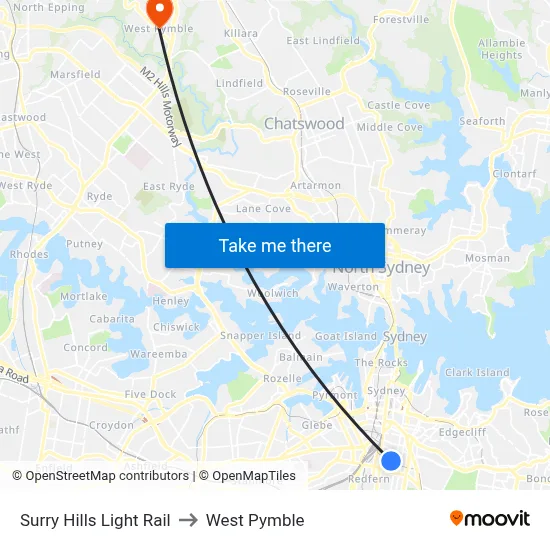 Surry Hills Light Rail to West Pymble map
