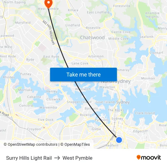 Surry Hills Light Rail to West Pymble map