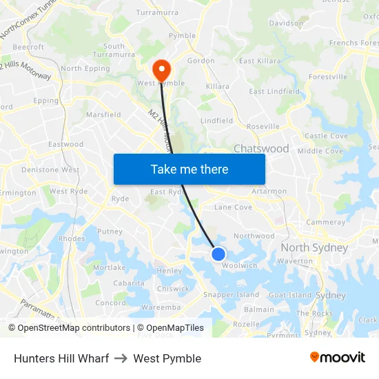 Hunters Hill Wharf to West Pymble map