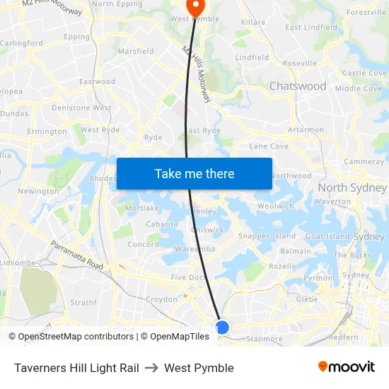 Taverners Hill Light Rail to West Pymble map