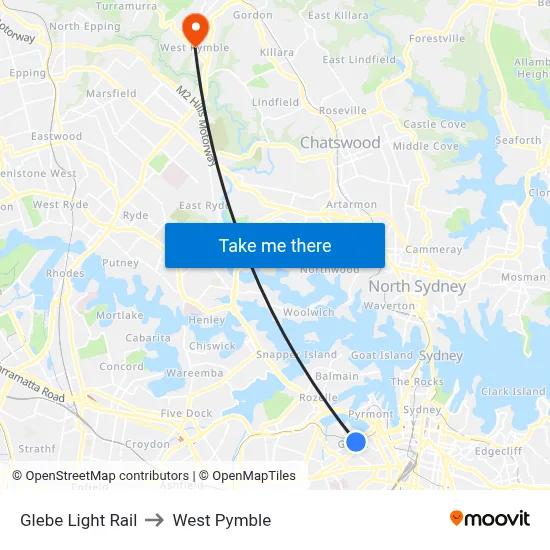 Glebe Light Rail to West Pymble map