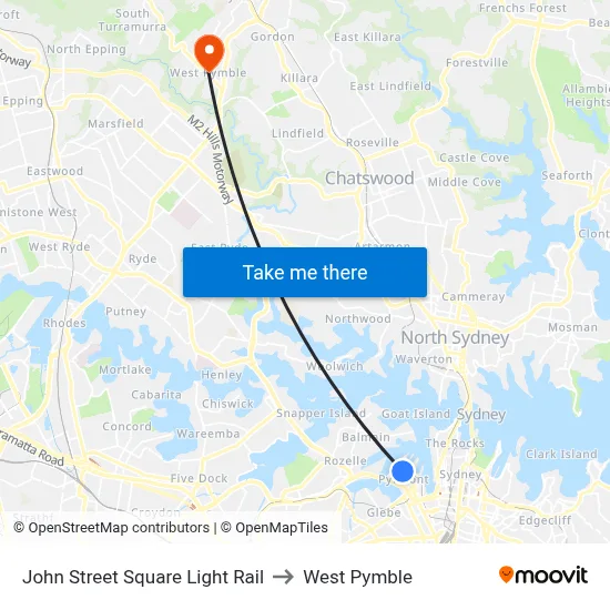 John Street Square Light Rail to West Pymble map
