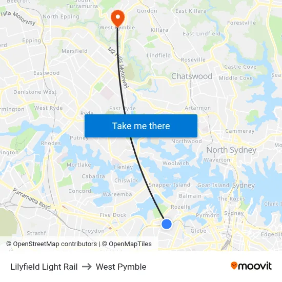 Lilyfield Light Rail to West Pymble map
