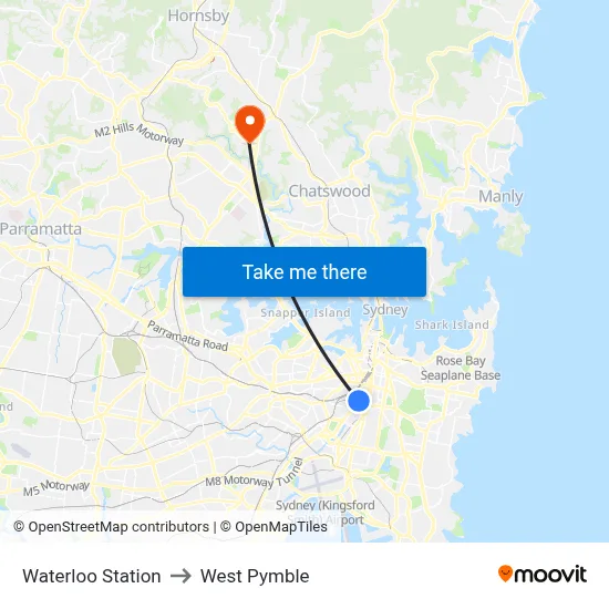 Waterloo Station to West Pymble map
