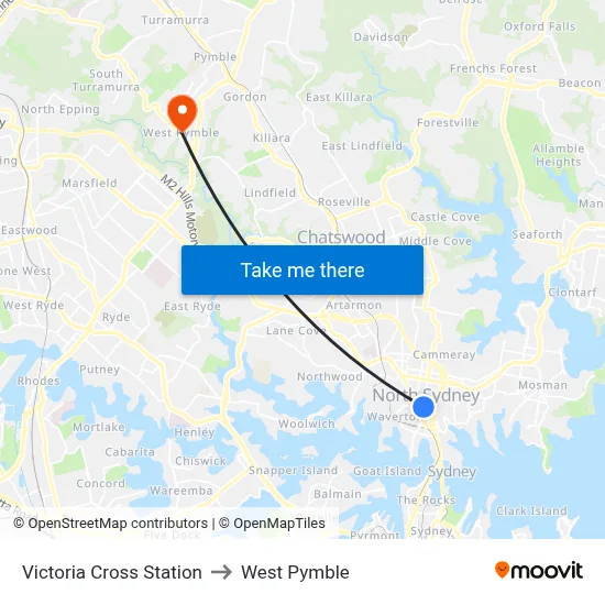 Victoria Cross Station to West Pymble map