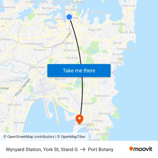 Wynyard Station, York St, Stand G to Port Botany map