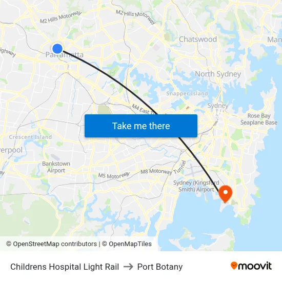 Childrens Hospital Light Rail to Port Botany map