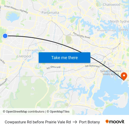 Cowpasture Rd before Prairie Vale Rd to Port Botany map