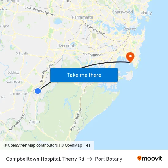 Campbelltown Hospital, Therry Rd to Port Botany map