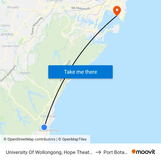 University Of Wollongong, Hope Theatre to Port Botany map