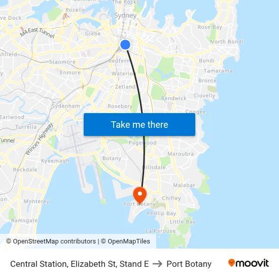 Central Station, Elizabeth St, Stand E to Port Botany map