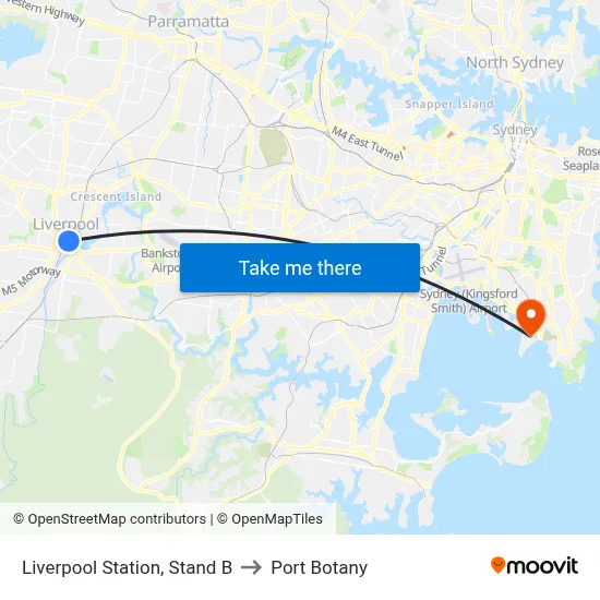 Liverpool Station, Stand B to Port Botany map