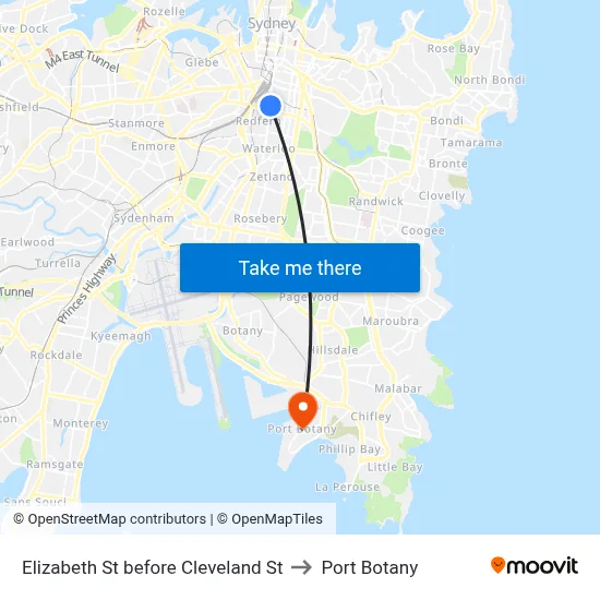 Elizabeth St before Cleveland St to Port Botany map