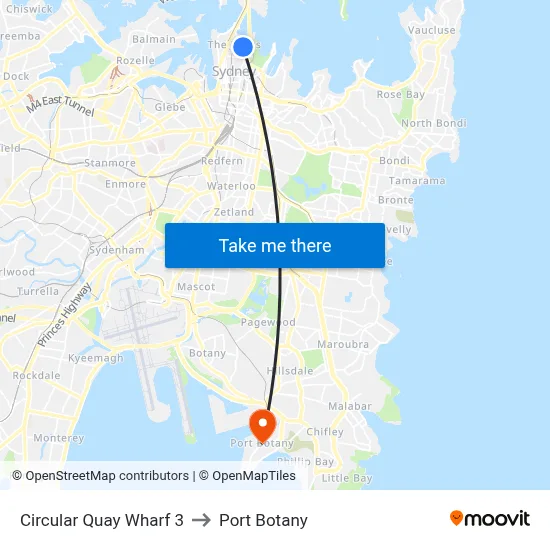 Circular Quay Wharf 3 to Port Botany map