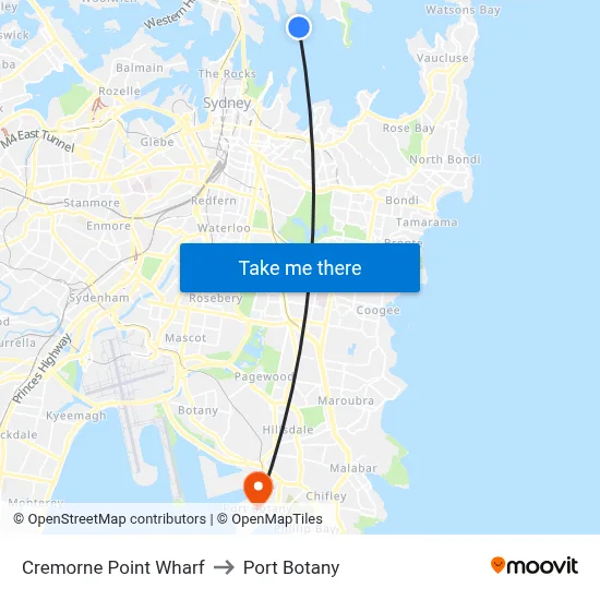 Cremorne Point Wharf to Port Botany map