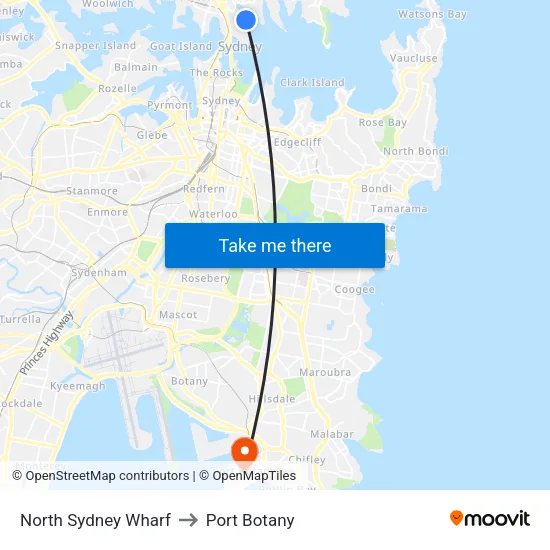 North Sydney Wharf to Port Botany map