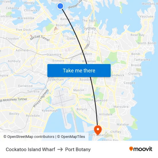Cockatoo Island Wharf to Port Botany map