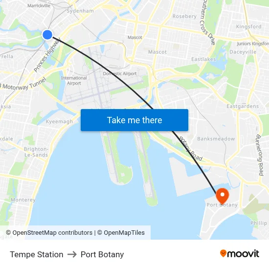 Tempe Station to Port Botany map