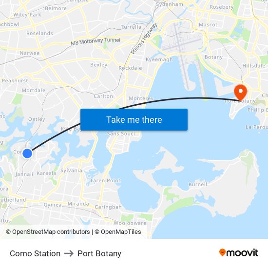 Como Station to Port Botany map