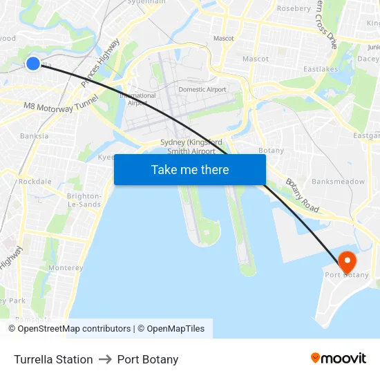 Turrella Station to Port Botany map