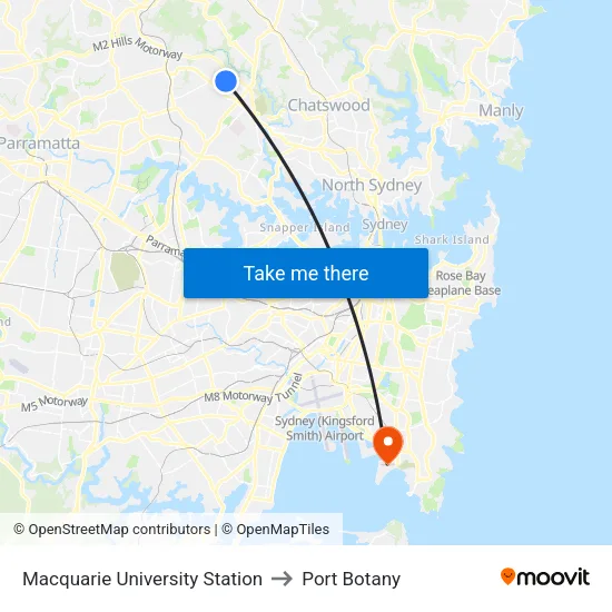 Macquarie University Station to Port Botany map