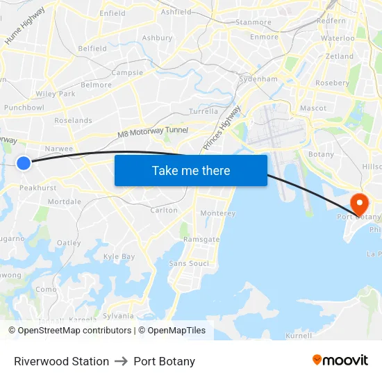 Riverwood Station to Port Botany map
