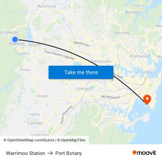 Warrimoo Station to Port Botany map