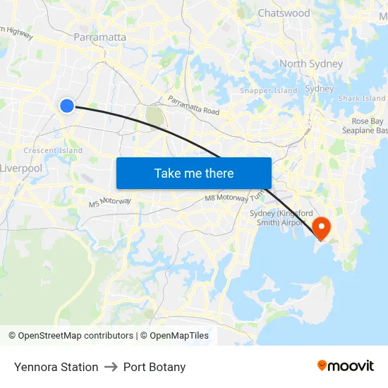 Yennora Station to Port Botany map