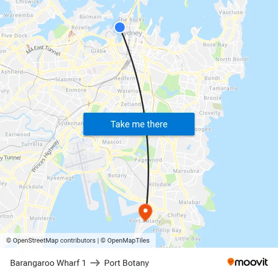 Barangaroo Wharf 1 to Port Botany map