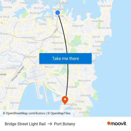 Bridge Street Light Rail to Port Botany map
