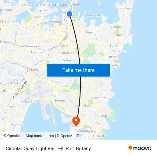 Circular Quay Light Rail to Port Botany map