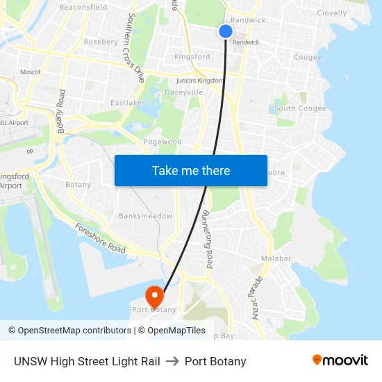 UNSW High Street Light Rail to Port Botany map
