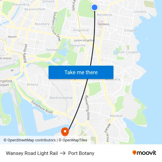 Wansey Road Light Rail to Port Botany map